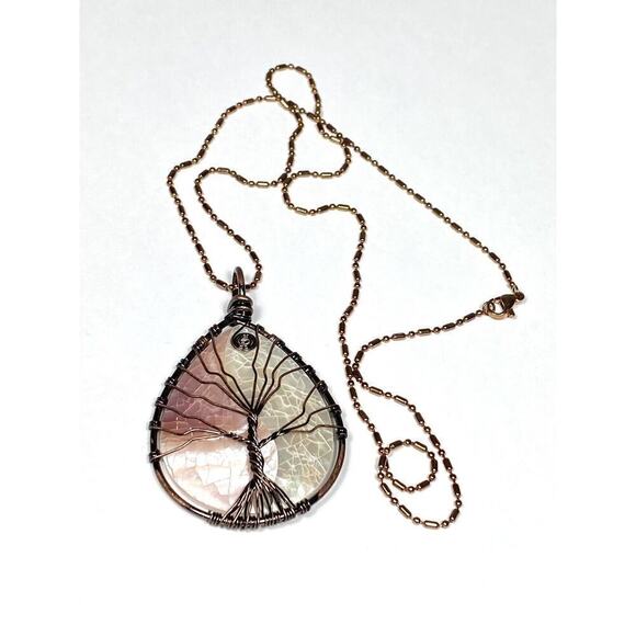 Necklace Mother of Pearl Tree of Life Wire Work Cooper Rose Gold Tone Chain 23” - Picture 1 of 13